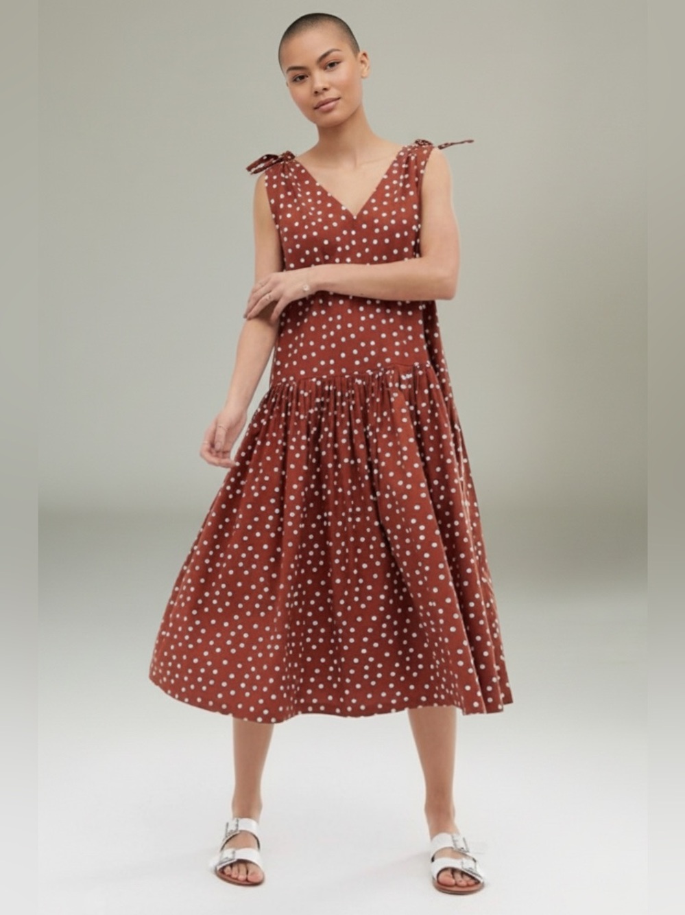 New ASOS Cotton Polka Dots Drop Waited Volume Midi Dress In Brown & Cream Sz 10